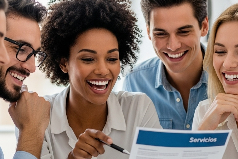 Gente sonriendo viendo un panfleto de especialidades de odontología